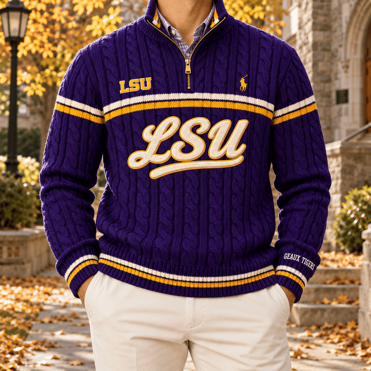 LSUT PREMIUM Varsity Cable-Knit Quarter-Zip Sweater NHVH